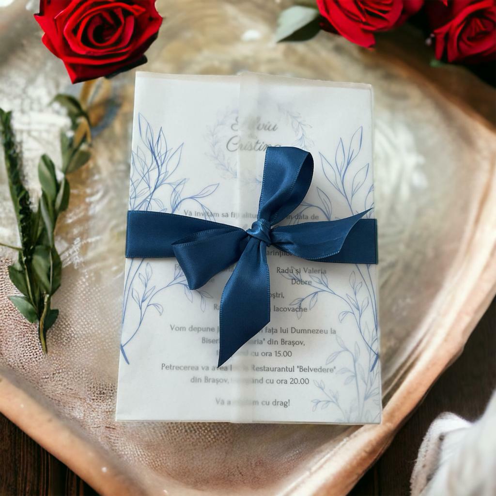 Invitatie Flower cu fundă satinată